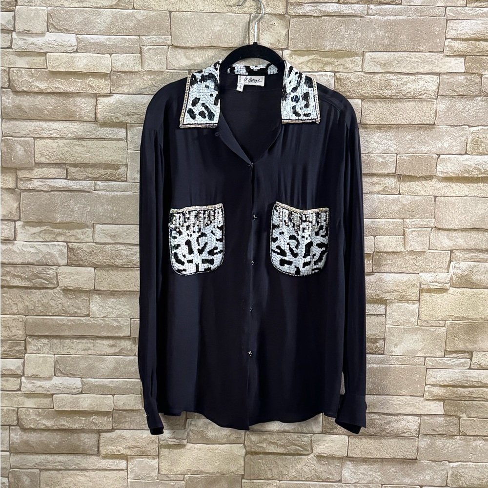 Le Garage Vintage 80s Black Silk Beaded Blouse | French Designer Made France 2